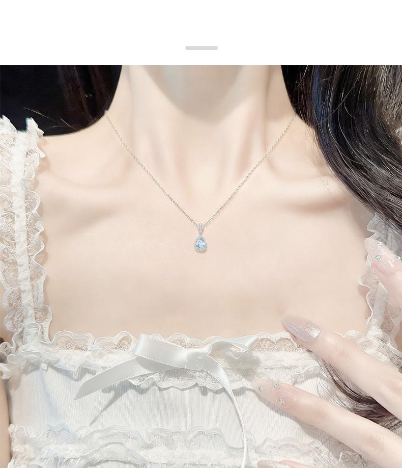 S925 Sterling Silver Teardrop Necklace with Blue & Purple Cubic Zirconia Pendant - Elegant Gift for Women