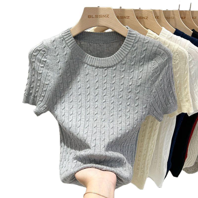 Women's Soft Knit Royal Blue Crew Neck Short Sleeve Sweater - Stylish & Slim Fit, 2025 Spring/Summer Korean Fashion