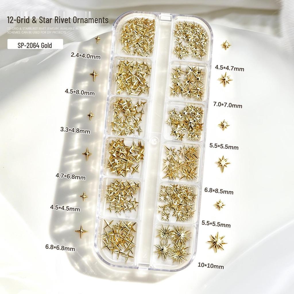 Gold & Silver Starburst 3D Nail Art Rivets - Four-Pointed Stars Decor.