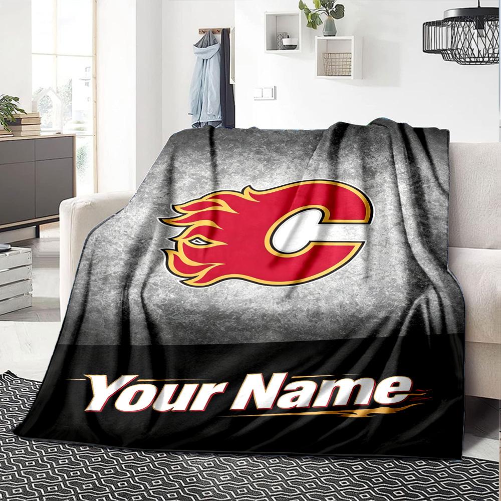 Name Custom Calgary Flames Logo Print Flannel Blanket High Quality Warm Comfortable Cover for All Seasons Perfect for Gifts Home Decor