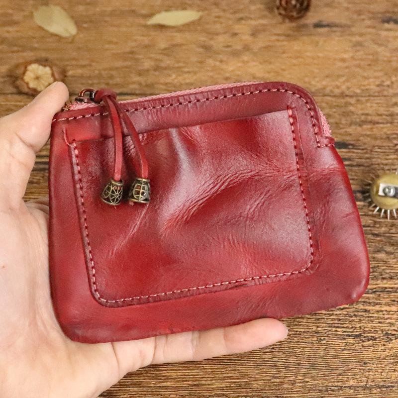 Vintage Vegetable Tanned Leather Coin Purse for Women's Adult Small Wallet, Handmade Old, Color Wiped, Niche Mini Coin Card Bag