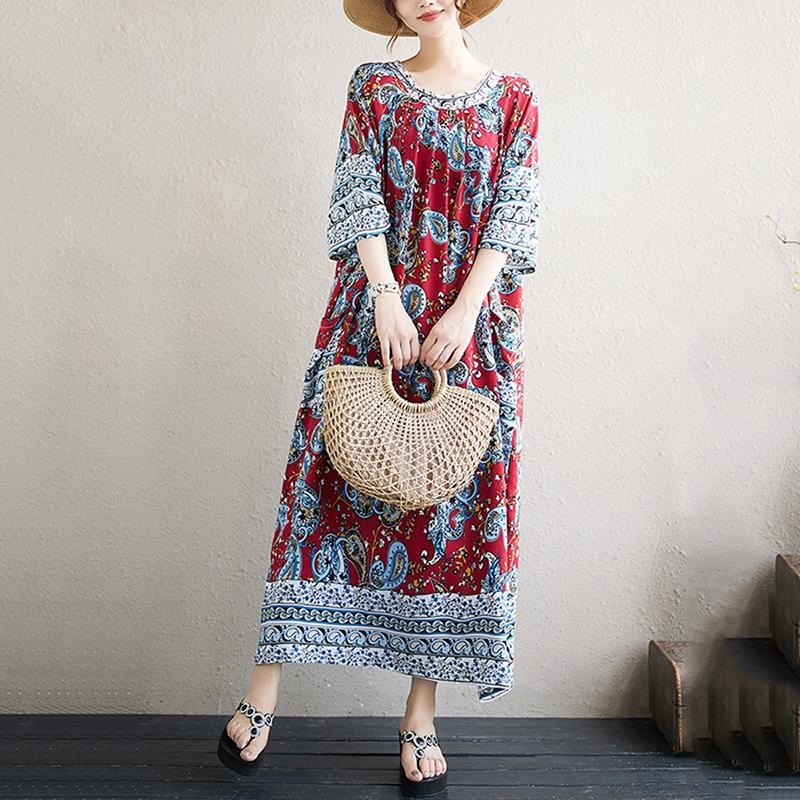 Xitao Pleated Print O-neck Dress ZMY1099
