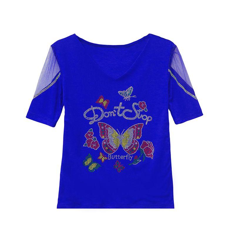 New European Women's Clothes Luxury Elegant T-Shirt Sexy Shiny Butterfly Hot Diamonds Mesh Top Tees Blouse