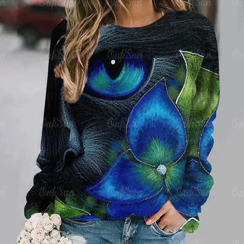Dámské tričko Anime Kočičí potisk Topy s dlouhým rukávem Vintage svetr Bavlna s výstřihem do tvaru Y2k Dámské oblečení Oversized Street Pullover