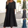 Women's Round Neck Half Sleeve Loose Casual Maxi Dress Solid Cotton Linen Long Dress