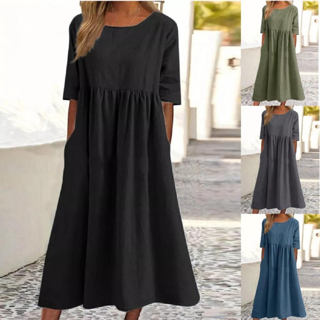 Women's Round Neck Half Sleeve Loose Casual Maxi Dress Solid Cotton Linen Long Dress