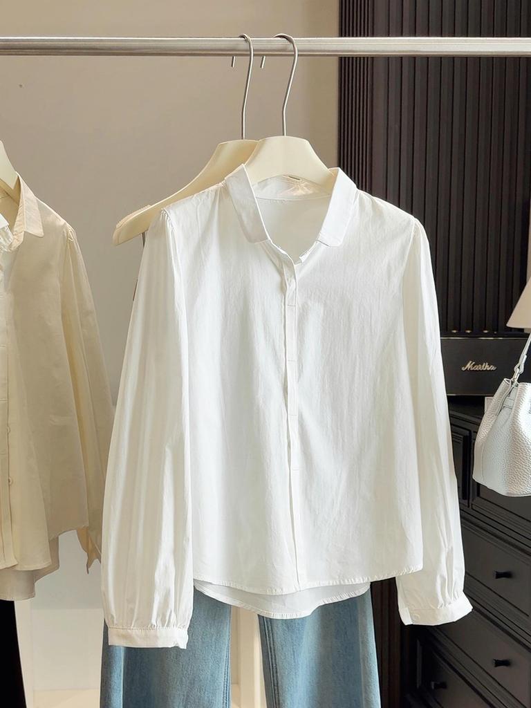 Women's Spring Slimming White Lapel Shirt - 2026 Trendy Korean Style Long Sleeve Versatile Top