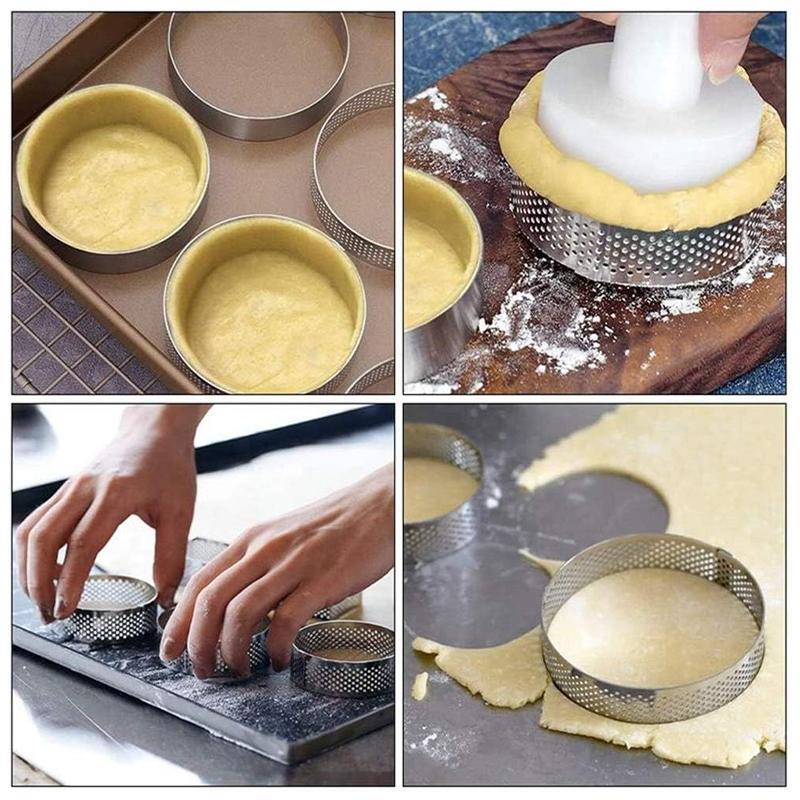 304 Stainless Steel Tart Ring 8pcs Heat-Resistant Perforated Cake Mousse Ring Round Ring Doughnut Tools for Cookies Tarts Pies