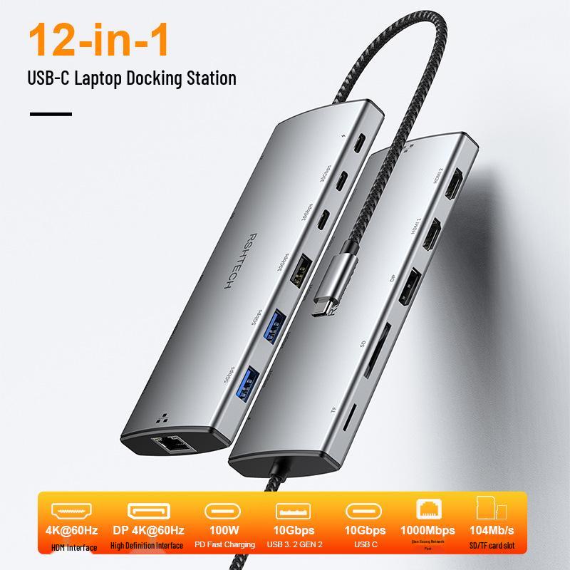12-in-1 Type-C Docking Station with Dual HDMI, DP, 3.0 Hub & RJ45 Ethernet for Triple Display