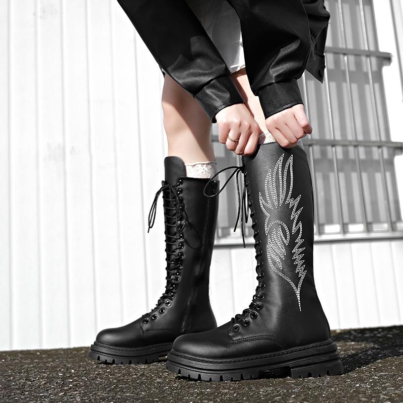 Botas de Tacón de Bloque Bordadas de Caña Media Moda Punta Redonda con Cordones Plataforma Antideslizantes Resistentes al Desgaste Cremallera Calzado