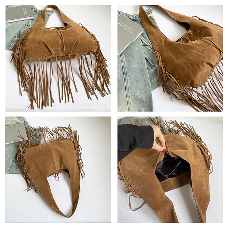 Boho Chic Kordový Střapec Dámská Taška přes Rameno Podzim Velkokapacitní Ručně Vyráběná Jednobarevná Hobo Tote Taška