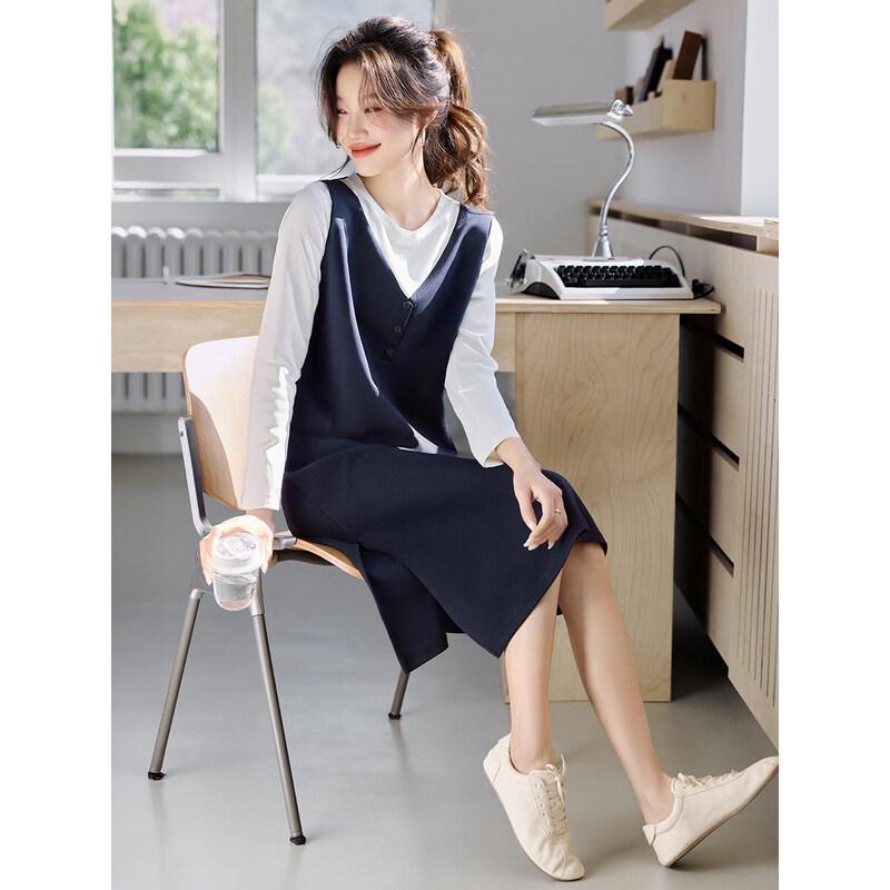 Elegant Color Block Faux Two-Piece Dress S