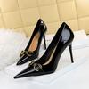 Red White Metal Buckle Wedding Shoes Women  New Patent Leather Shallow High Heels Pumps Fashion Pointy Toe Party Shoes Woman