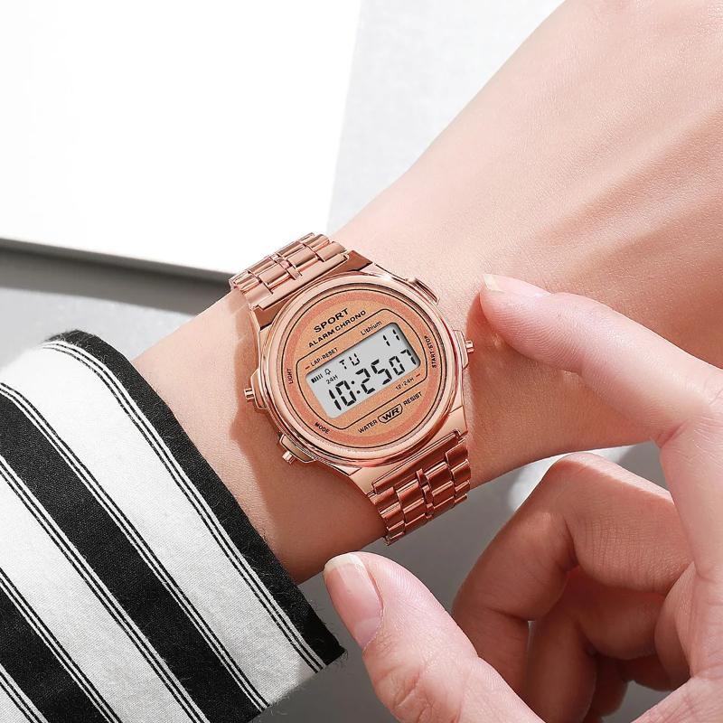 Damen Casual LED Elektronische Uhr Retro Edelstahlarmband Damen LED Digitaluhr Multifunktions Sport Armbanduhr Uhr