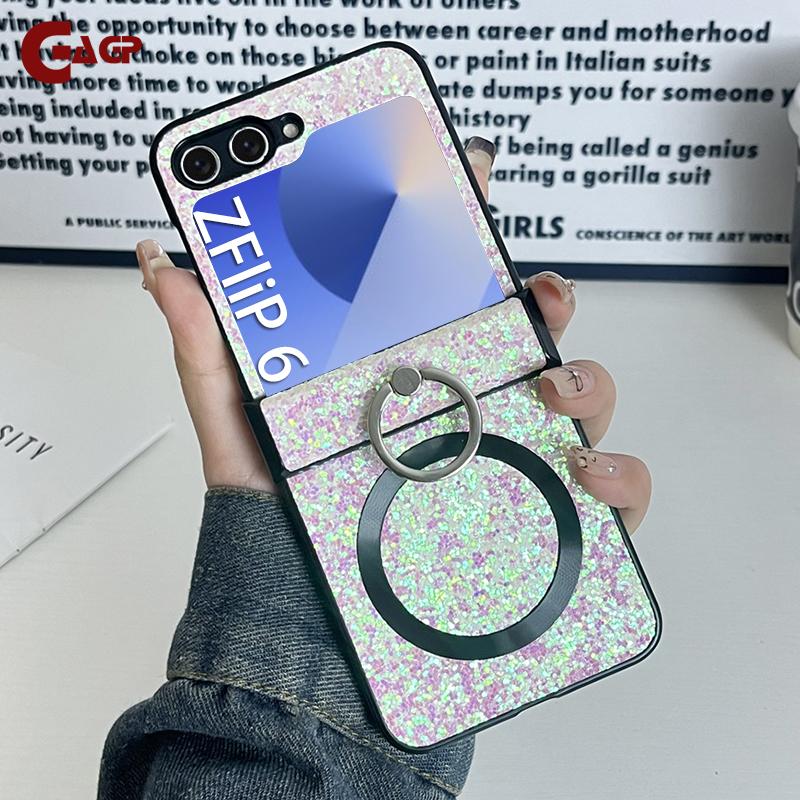 For Samsung Z Flip 7FE Ultra Thin Magnetic Finger Ring Shimmering Case For Samsung Z Flip 7 6 5 4 3 For Magsafe Shockproof Cover