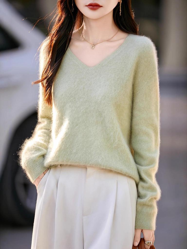 Autumn & Winter 100% Pure Wool V-Neck Loose Women's Knitted Sweater