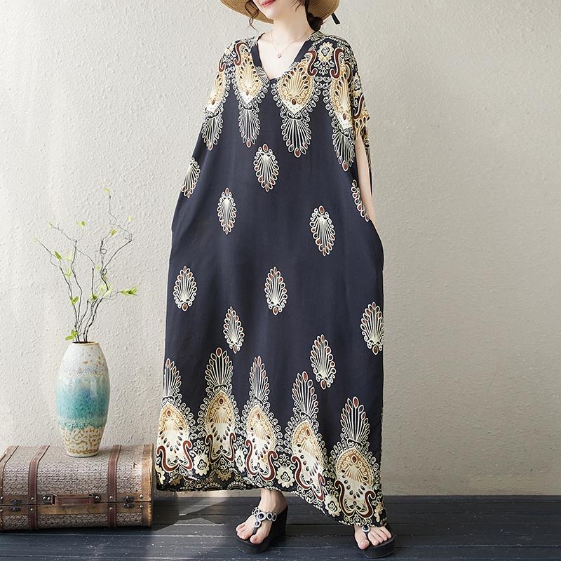 Dimanaf 2024 nadměrně velké šaty letní ženy vintage styl dovolená s výstřihem do V krátký rukáv volný nové české dlouhé šaty