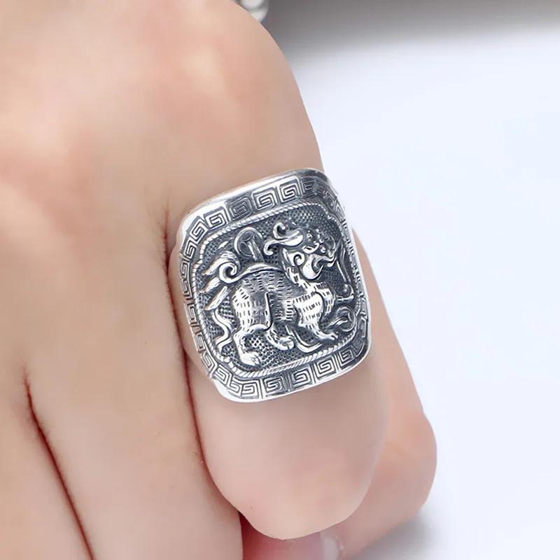 New In Ethnic Style Square Divine Beast Mens Rings 990 Thai  Vintage Enamel Blue Banquet Party Jewelry Opening Adjustable