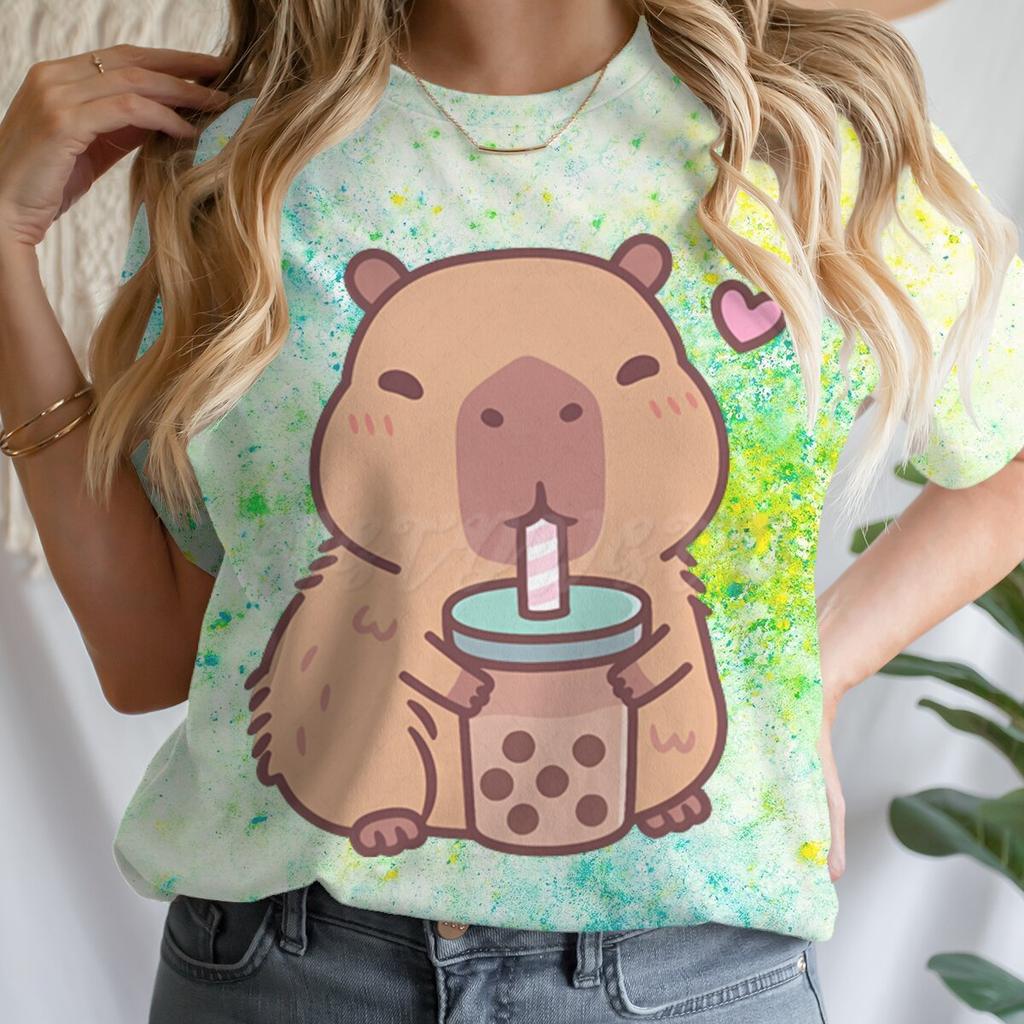 Tie Dye Animal Graphic Lover Gift Shirt Tee Capybara Kawaii Cartoon T-shirts Crew Neck Casual Summer Drink Tops
