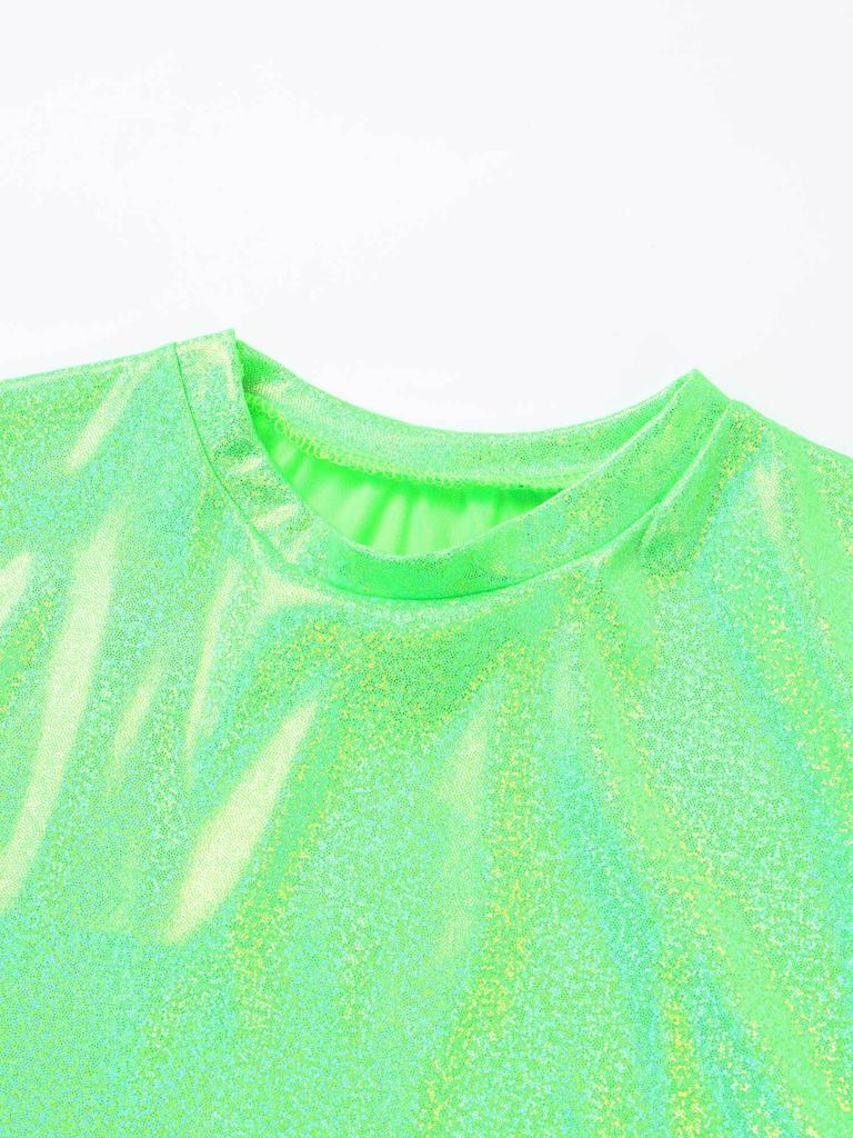 Kids Girls and Boys Casual Metallic Shiny Short Sleeve T-shirt Sparkly Jazz Dance Tops