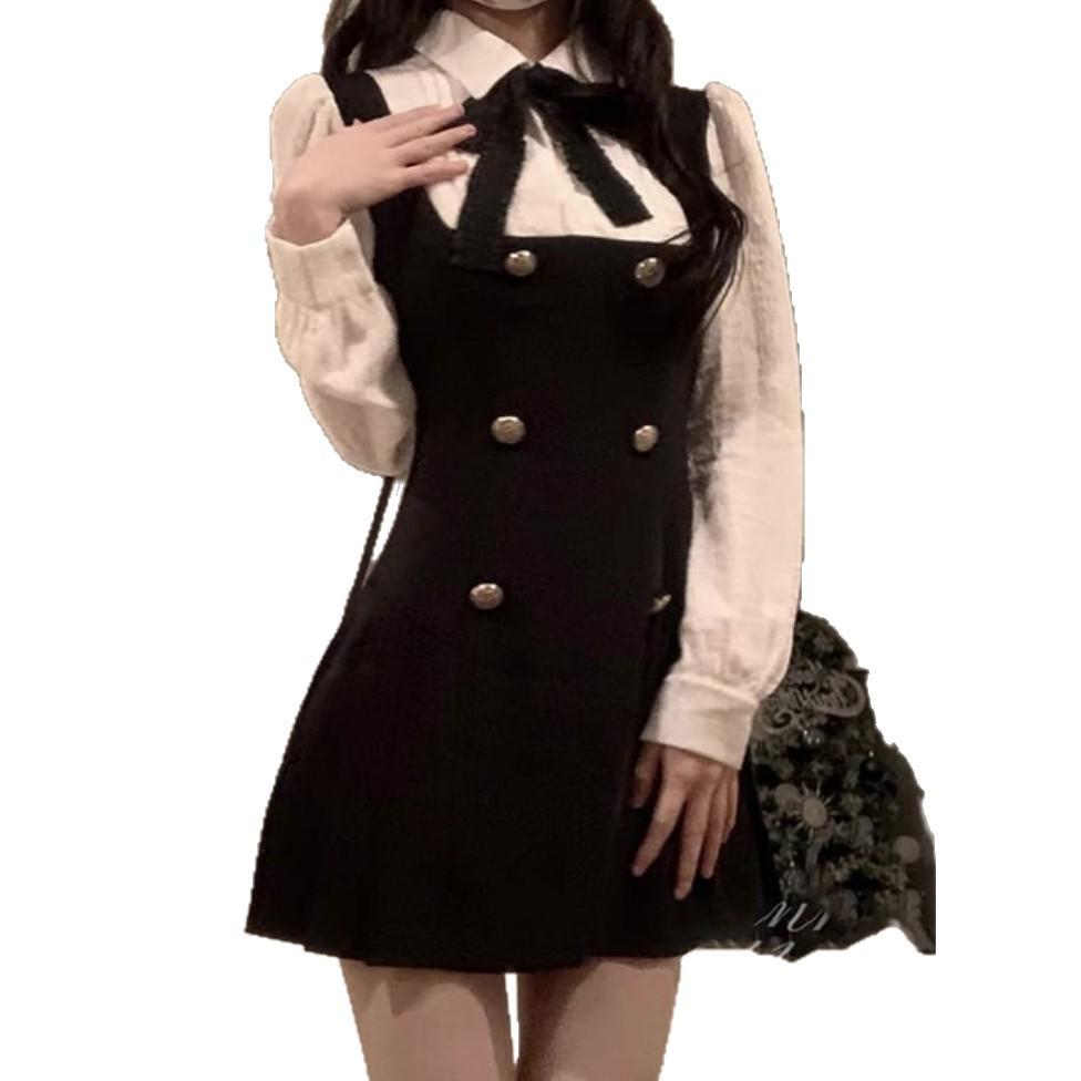 Spring and autumn new female rich daughter waist thin French strap fake two-piece dress children