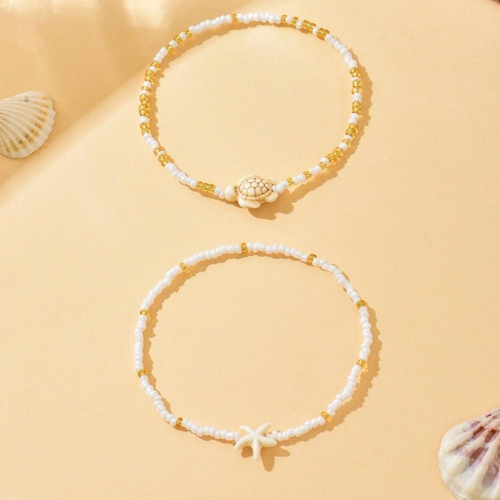 2Pcs Bohemian Style Beaded Anklets Chain Set Starfish Beaded Foot Bracelets  Jewelry Accessories