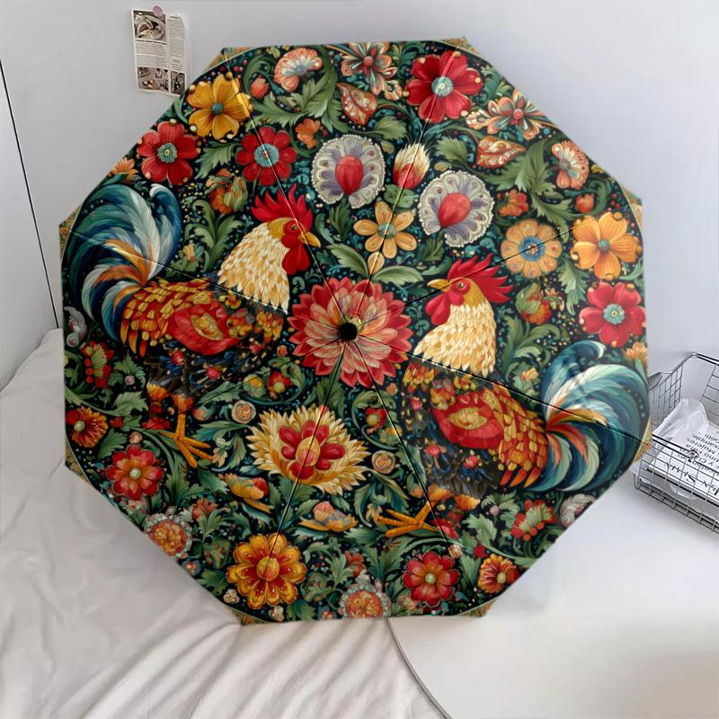 0106 Floral Chicken & Dinosaur  pattern, automatic folding umbrella, portable and foldable design, 8 ribs, a Christmas or birthday gift.