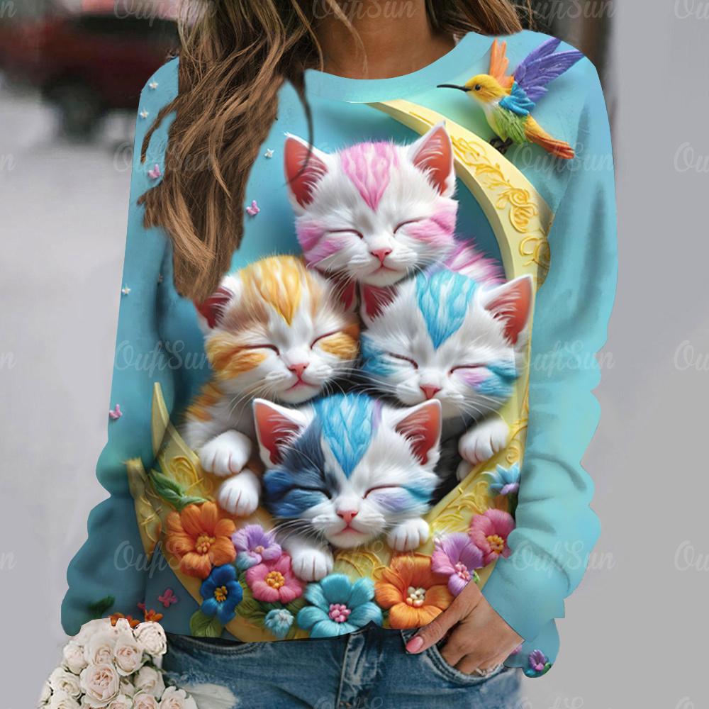 Flowers Cat  Long Sleeves Women Colorful Animal 3D Clothing  Tops O-Neck Cotton Clothes T-Shirt