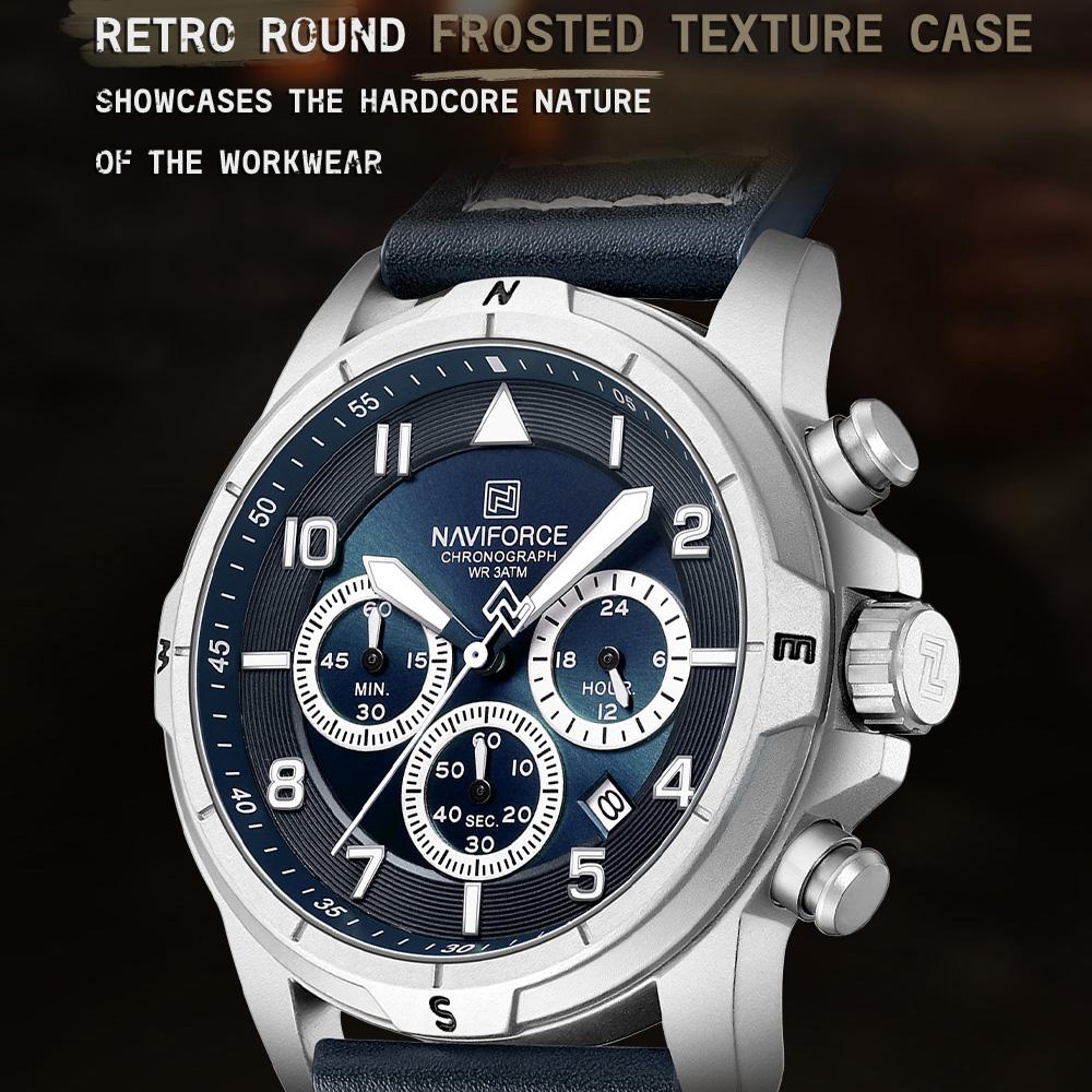 NAVIFORCE Original Men Quartz Watch Chronograph Mini Dial Calendar Date Leather Strap Luminous Hands 30m Waterproof Men Watch Gift NF8077