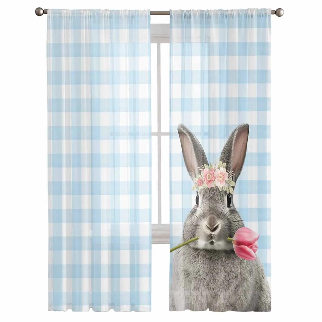 Easter Bunny Plaid Tulips Sheer Curtains For Living Room Kitchen Window Curtains Bedroom Tulle Voile Curtains
