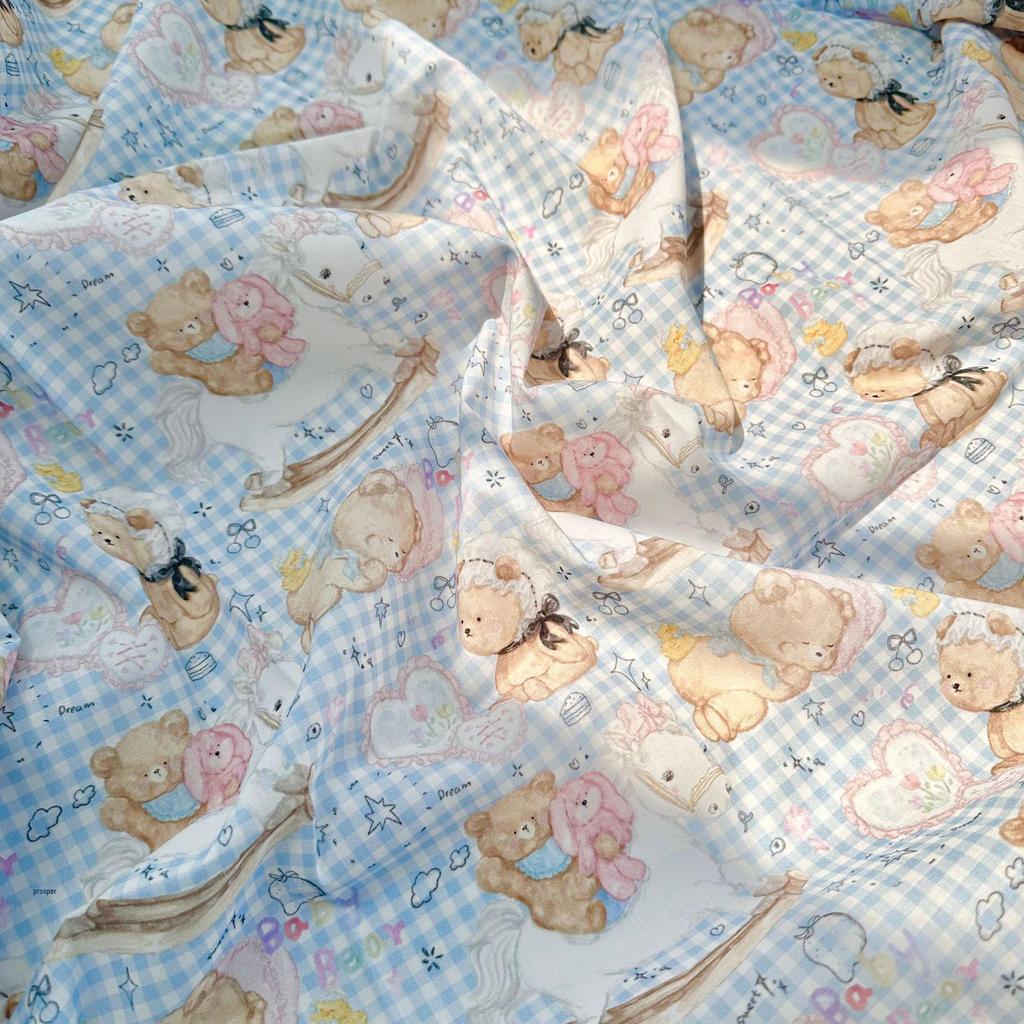 40s Cotton Digital Print Fabric: Rocking Horse Bear Plaid for Women's, Children's, and Parent-Child Home Clothing DIY Creations.