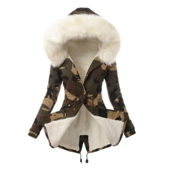 Buttons Closure Long Sleeve Women Coat Waist Drawstring Plush Hooded Fleece Lined Camouflage Print Overcoat Outerwear