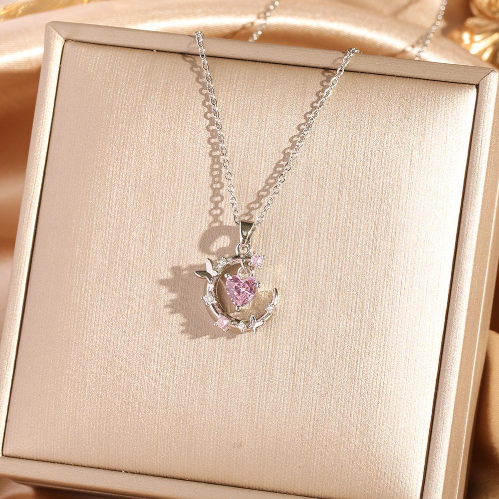 [Micro-Set Pink Zircon Titanium Steel Necklace Sweet Light Luxury Fashion Choker Jewelry]
