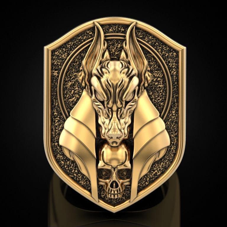 Zhenrong Anubis 18k Gold-Plated Men's Ring - Creative Ancient Egyptian Mythology Design with Jackal Head and Human Body.
