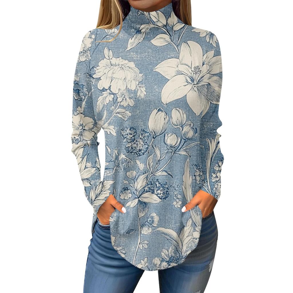 Tee Shirts For Women Fall Casual Long Sleeve Shirts Sweatshirt Vintage Printed High Neck Top Pullover