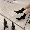 [Spot] Winter Pointed Patent Leather Short Boots for Women, European and American Temperament, Gold Fine Heel Side Zipper, Black High Heels for Women