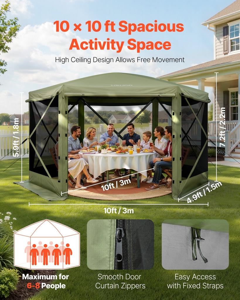 Pop up Gazebo Screen Tent, 3x3 m Large 6-Sided Camping Canopy Tent with Removable Top & Carry Bag, Quick-Set & Bite-Proof, Screen House Sun Shelter