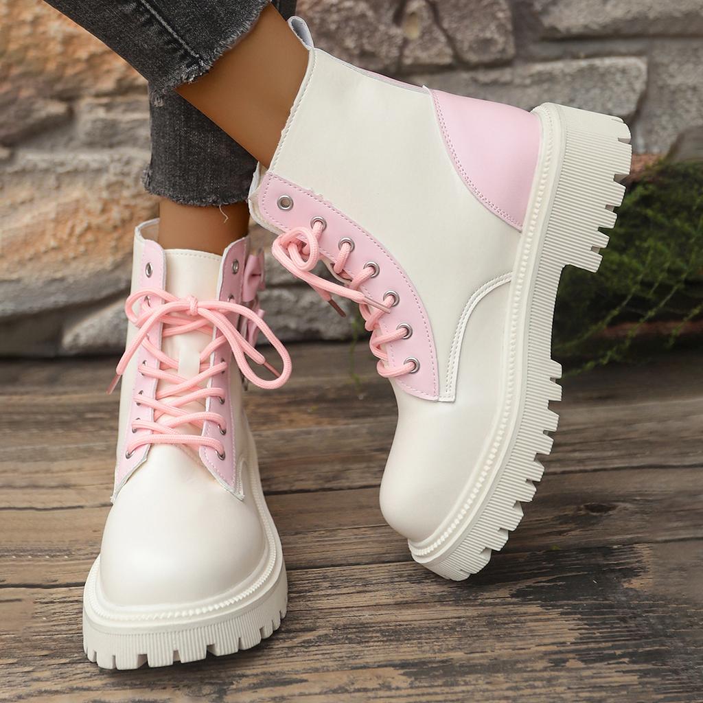Mode Süße Rosa Schleife Mix Farbe Stiefeletten Damen 2025 Herbst Dicke Sohle Schnürstiefel Candy Punk Metall Dekoration Stiefeletten Größe 42