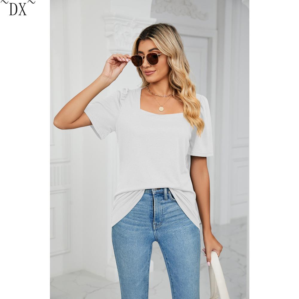 DX~~ Весенне-летняя новая однотонная свободная футболка с квадратным воротником — фото 21