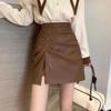 Women's High Waist Slit Pleated PU Mini Skirt - Slimming A-Line, Anti-Exposure, Hip-Hugging