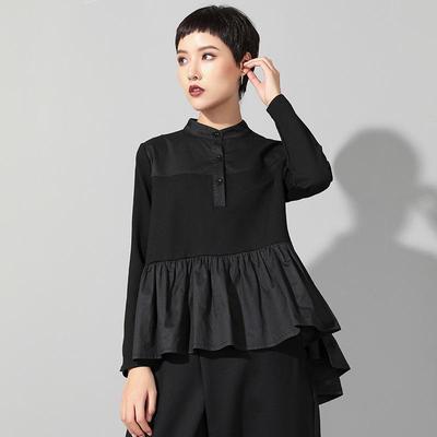Trendy European & American Women's Long-Sleeve Spliced Babydoll T-Shirt - Slim Fit, Perfect for Autumn & Spring