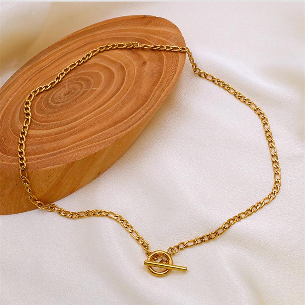 18K Gold Titanium Steel Figaro Chain Choker Necklace for Women