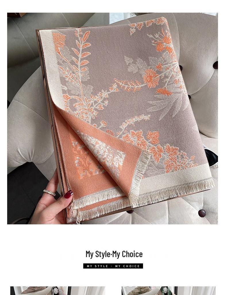 Elegant Faux Cashmere Floral Shawl - Thick Warm Winter Tassel Scarf