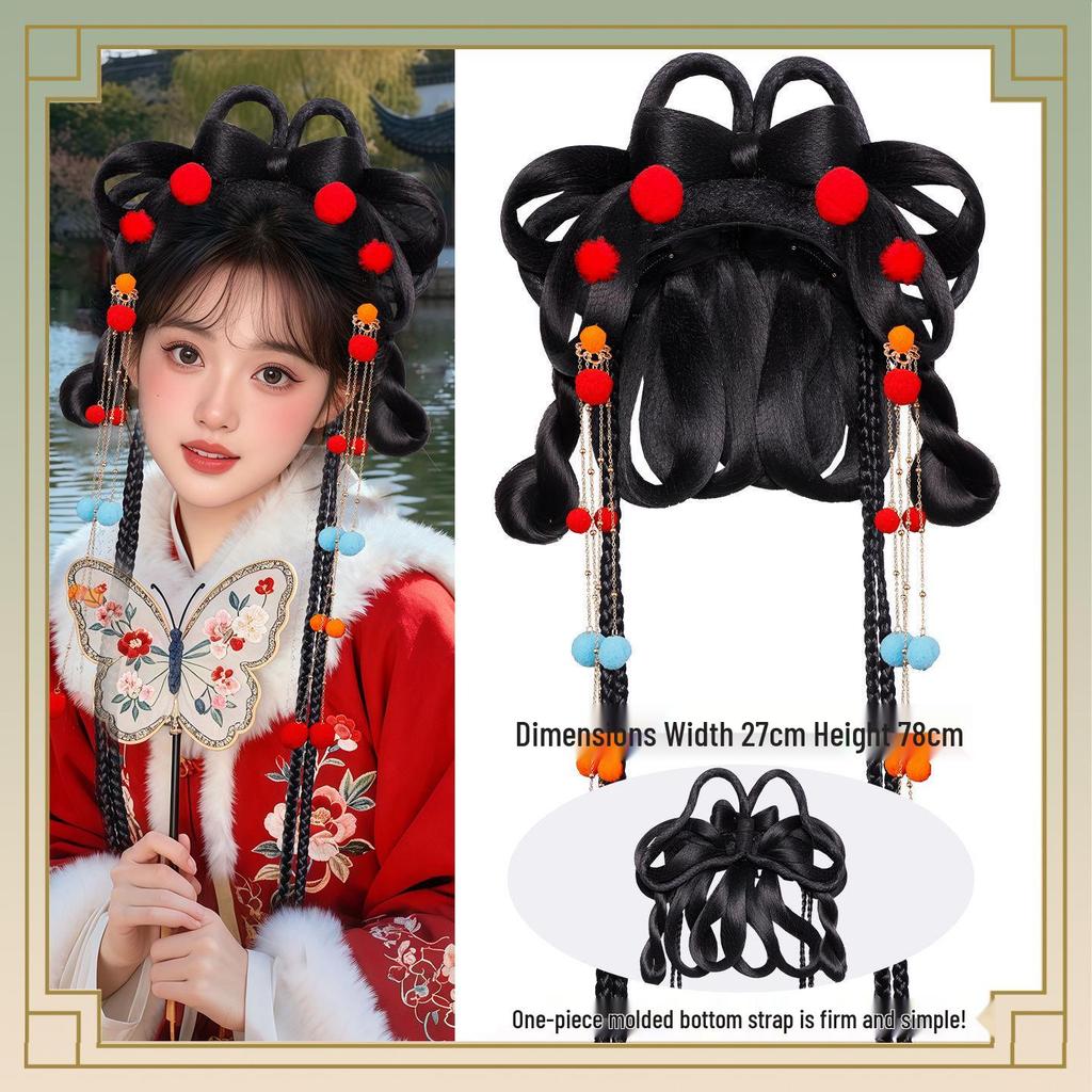Herbst/Winter Hanfu Perücke und Pompon Stirnband Haaraccessoires Set