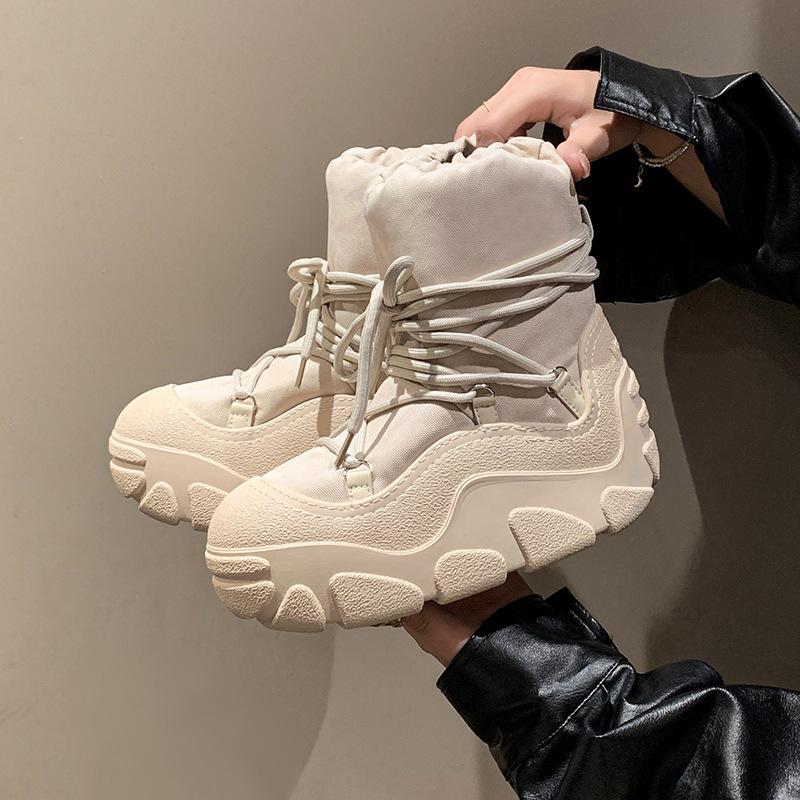 

Women s Lace-Up Lightweight Chunky Sole Winter Insulated Fleece-Lined Snow Boots Slip-Resistant Casual Sporty Suede Cotton Boots 40 бежевый