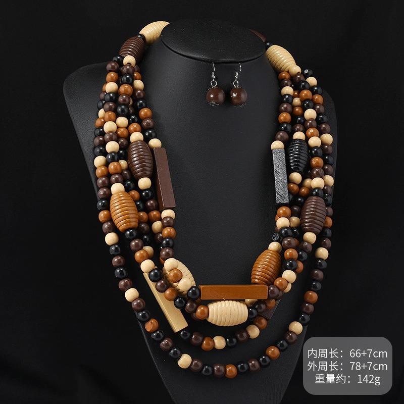 Vintage exaggerated wooden necklace Maillard vacation women's bohemian long niche sweater chain earrings