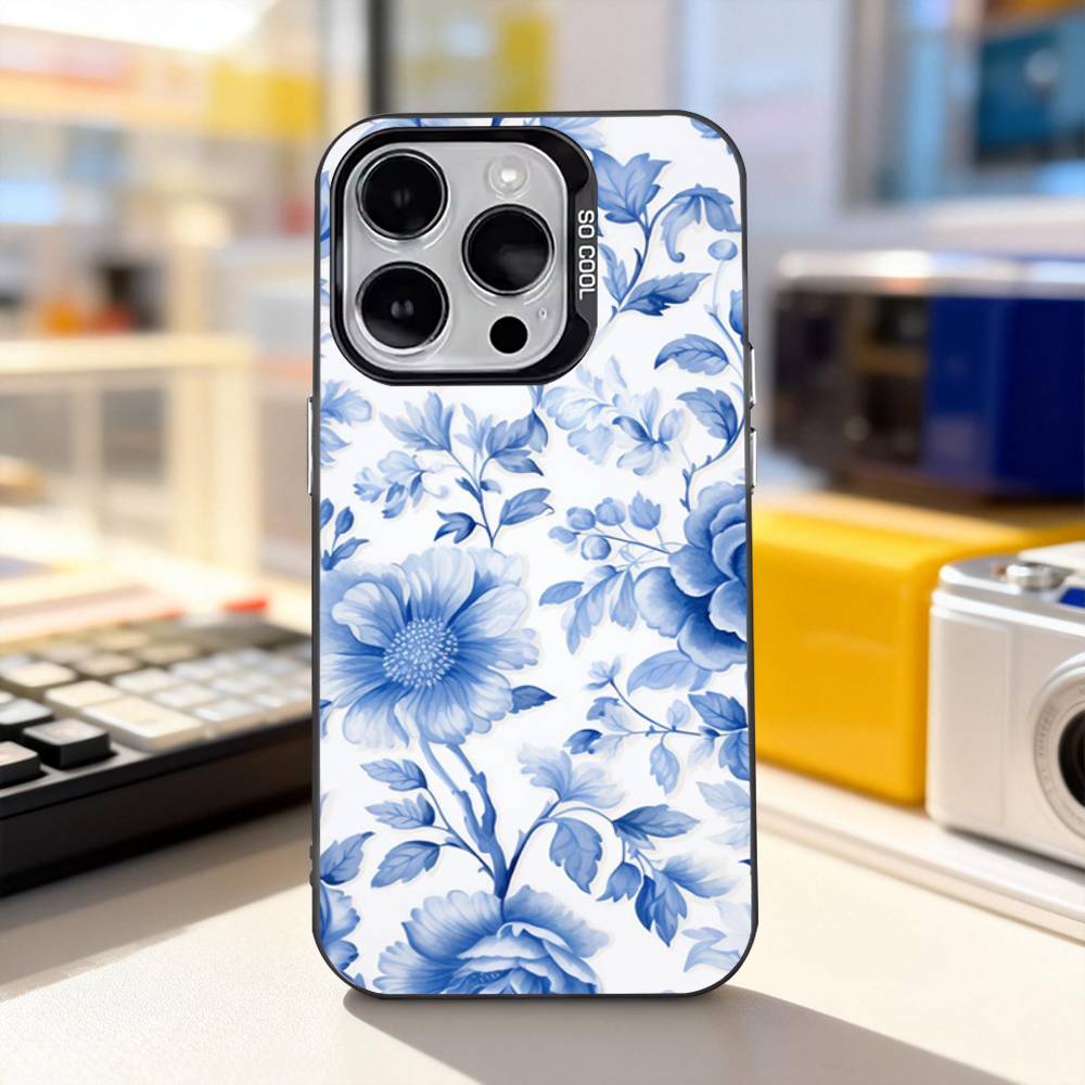 Blue White Porcelain Art Phone Case For iPhone 11,12,13,14,15,16,17,Pro,Max,Plus,E,Air,Mini IMD Matte Black