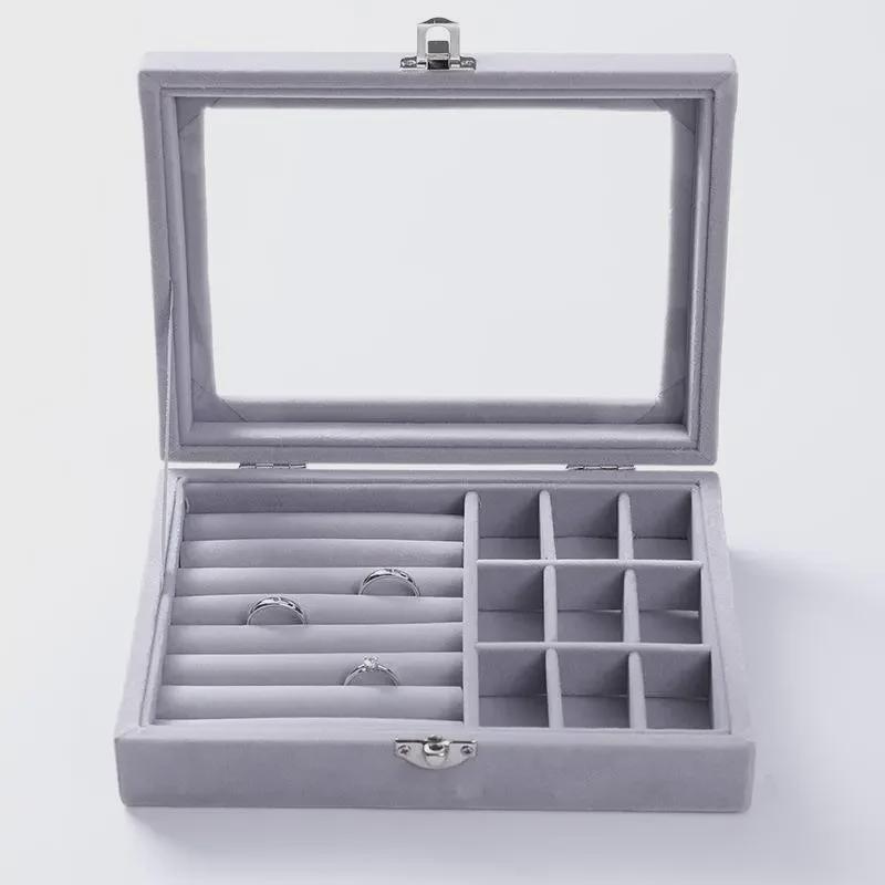 Pink Flocked Portable Jewelry Box with Lid - 316-Grit Dustproof Glass Ring & Earring Display