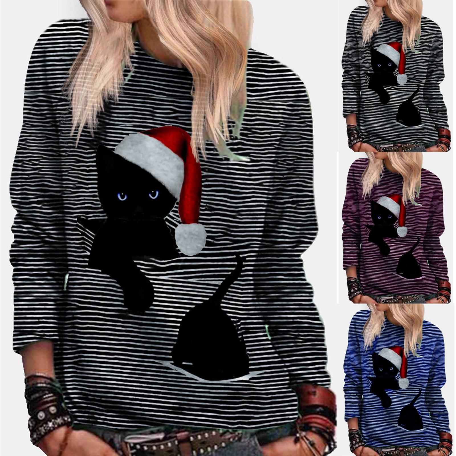 

Модная женская кошачий принт полосатая повседневная блузка с длинным рукавом топ