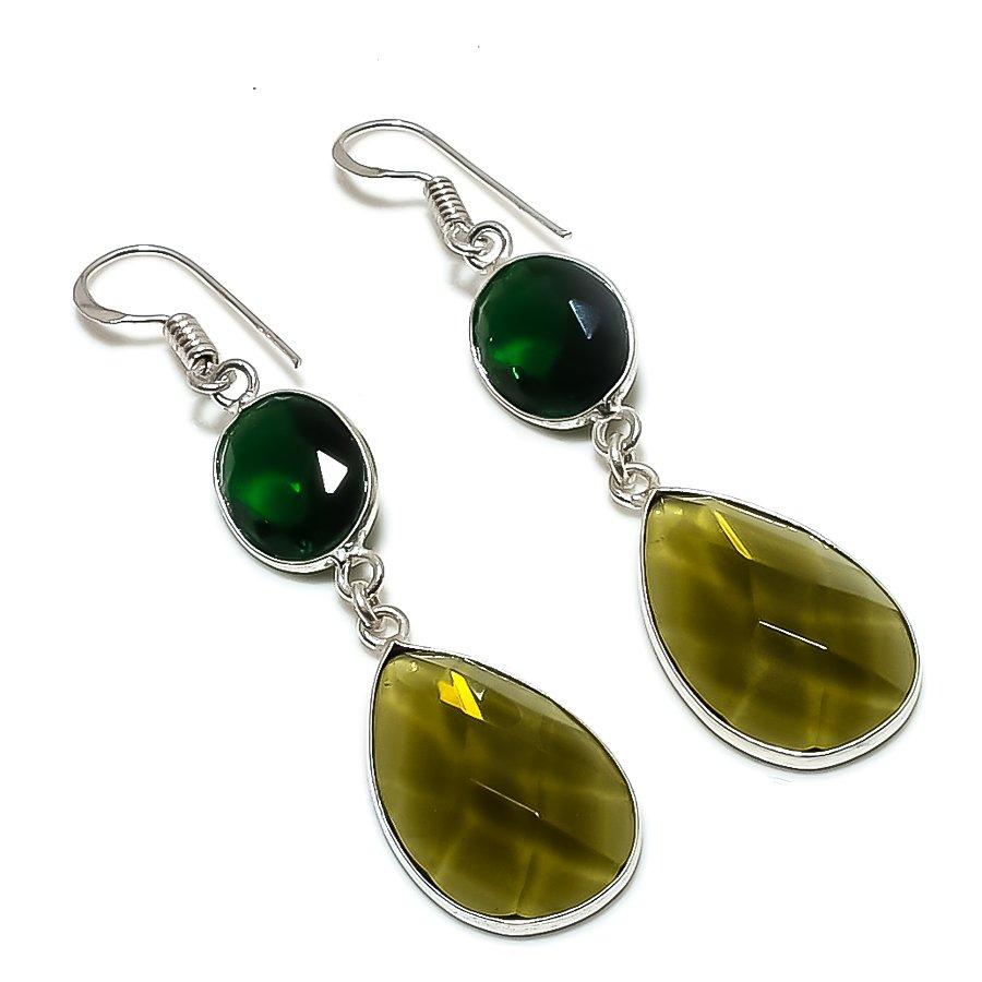 

Серьги ручной работы из стерлингового серебра 925 пробы с натуральным оливковым топазом и диопсидом 2,36 дюйма T4Q30